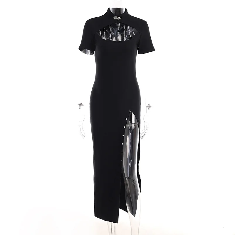

Black Color Long Dress for Women Short Sleeves Rivet Sexy Y2k Dress Vestidos De Mujer Maxi Dress