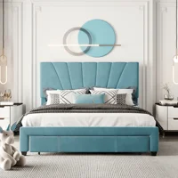 Home Modern Bedroom Furniture Beds Frames Bases Queen Size Storage Bed Velvet Upholstered Platform Bed With A Big Drawer Blue