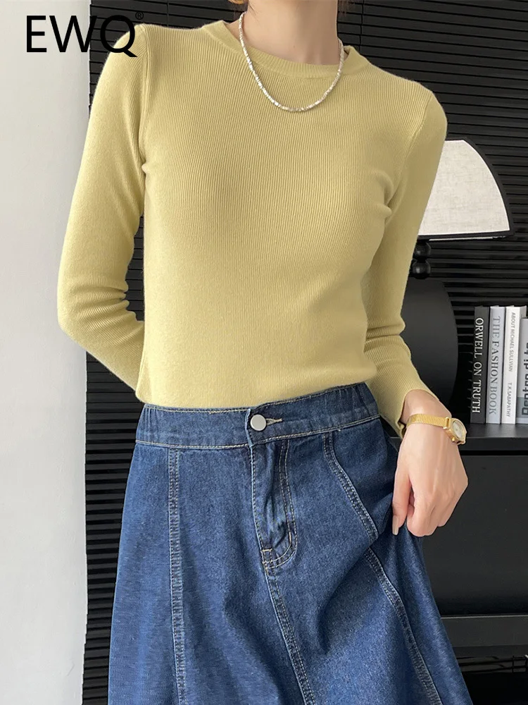 

EWQ Simplicity Knitting Bottoming T-shirt For Women Round Neck Long Sleeve Slim Office Lady Female Tops 2023 Autumn New 26D5668