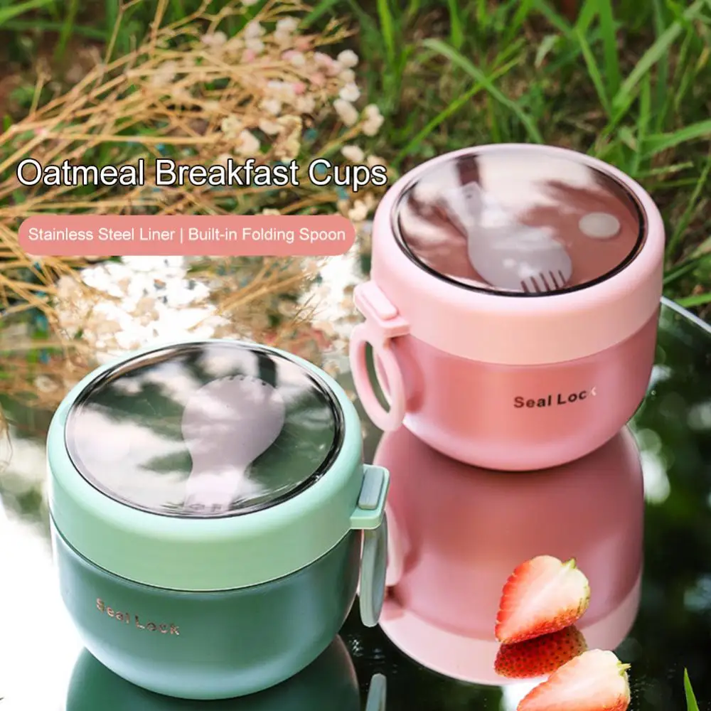 

1pcs With Spoon Soup Cup Portable Vacuum Flasks Thermo Microwave Heating Jar Insulated Thermos Containers Stainless Steel