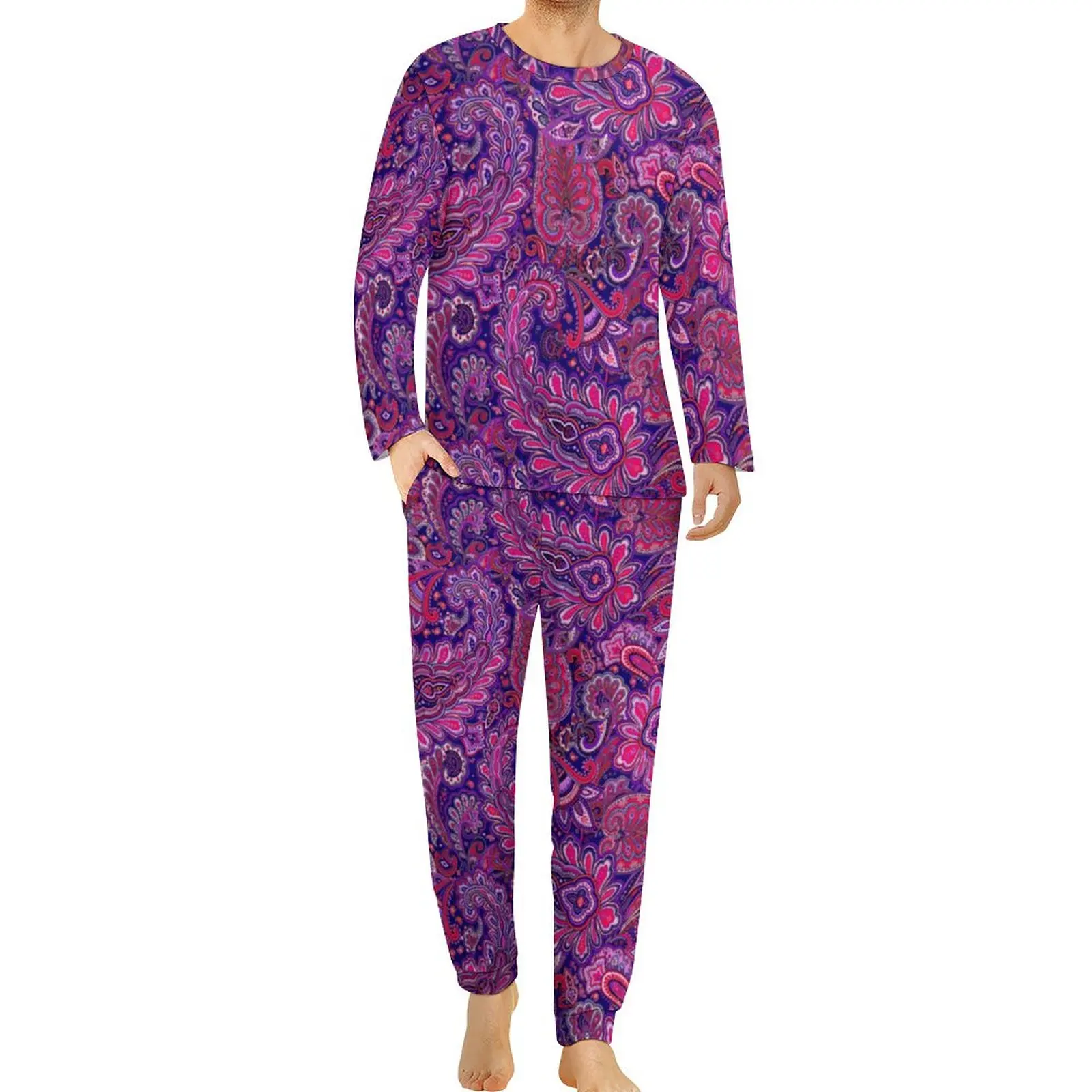 Beautiful Paisley Print Pajamas Men Vintage Design Lovely Home Suit Spring Long Sleeve Home Custom Pajamas Set Large Size 6XL