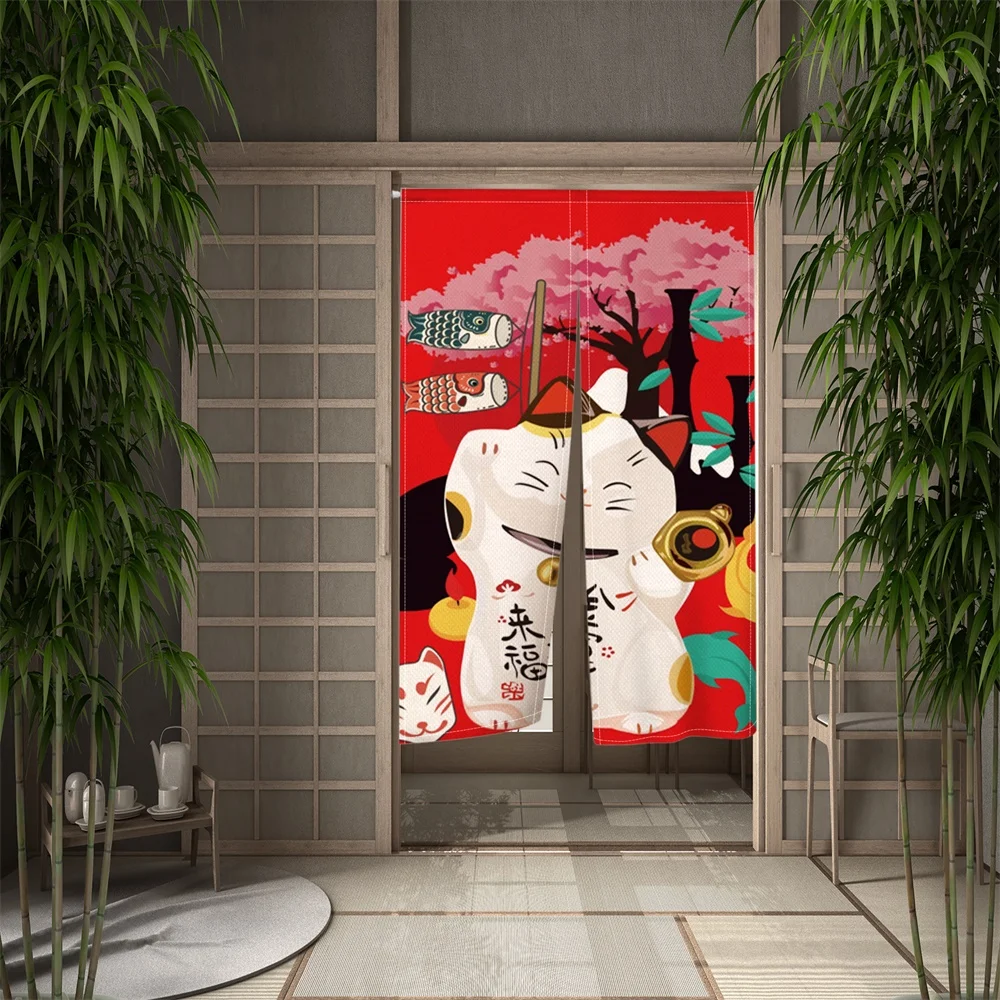 

Японская занавеска на дверь Lucky Cat из льна