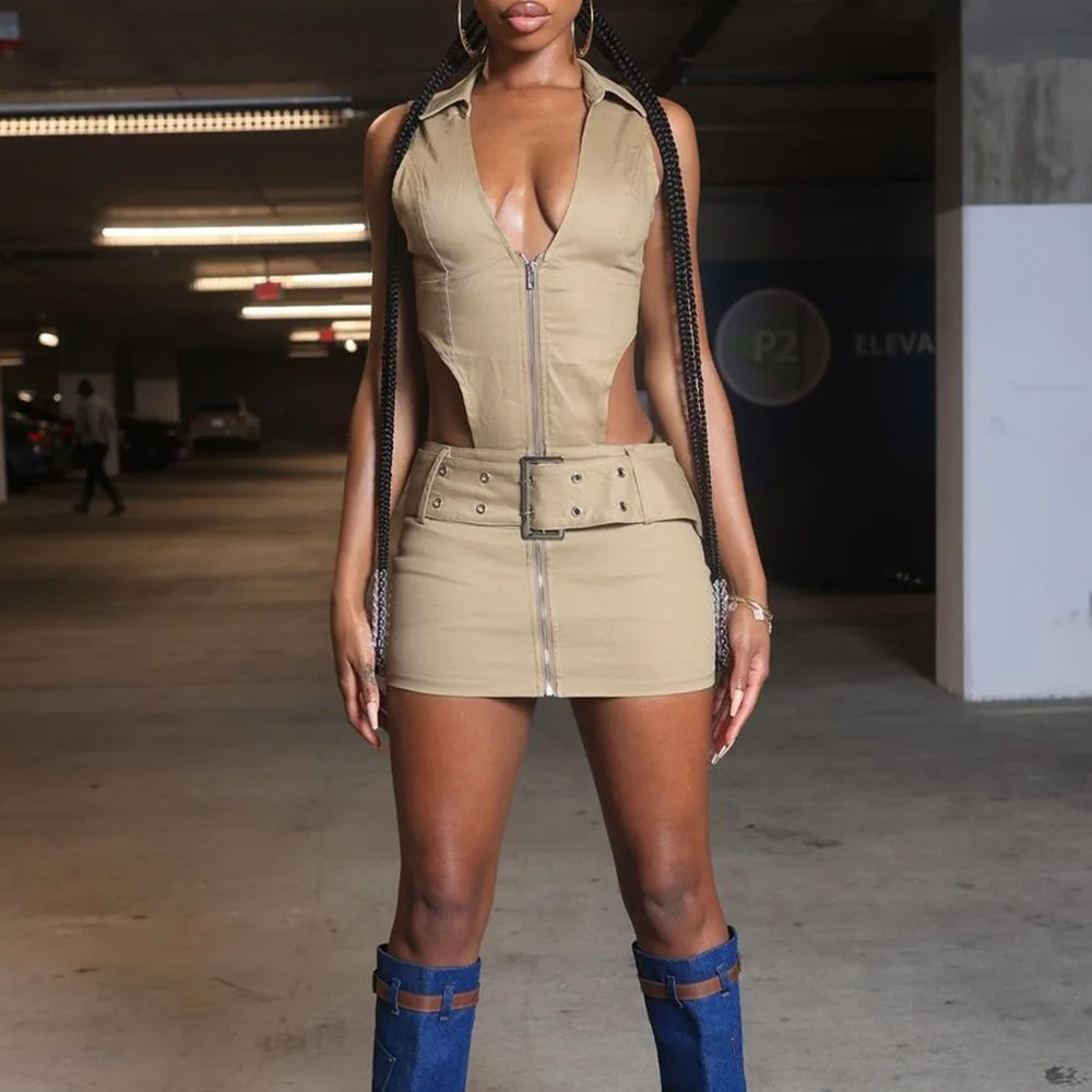 

Solid Color Zipper Shirt Collar Mini Dress with Belt 2023 Summer New Women Sexy Hollow Out Backless Sleeveless Vintage Dresses