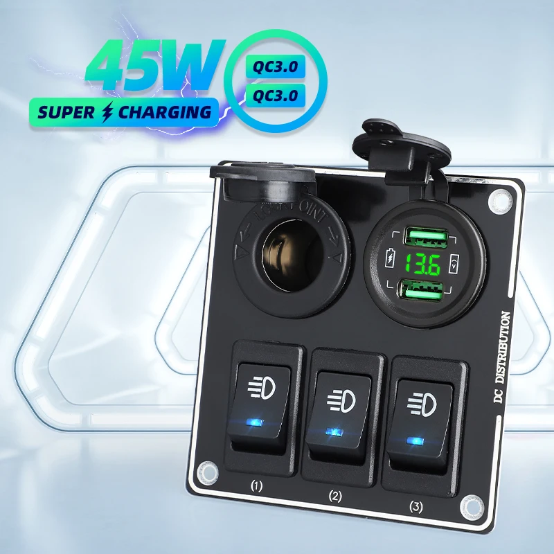 Super Fast 12V Car Charger Cigarette Lighter Adapter Socket Usb 45W Voltmeter Led Display Mobile Power Panel 3Gang Toggle Switch