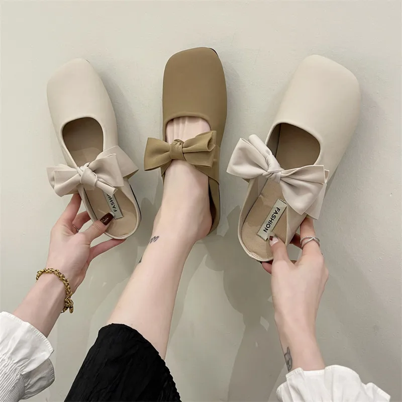 

Butterfly-Knot Shoes Woman's Slippers Cover Toe Square heel Luxury Slides Med 2022 Block Designer PU Hoof Heels Fabric Basic Rom