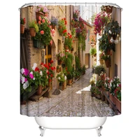 italian old street view shower curtain rural stone rock houses flowers print waterproof cloth fabric bathroom decor with hooks