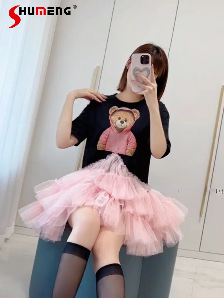 Kawaii Clothes Cartoon Bear Heavy Industry Stitching Mesh Bubble Dress Women Sweet Pink Loose Slimming Mid-Length T Shirt Dress