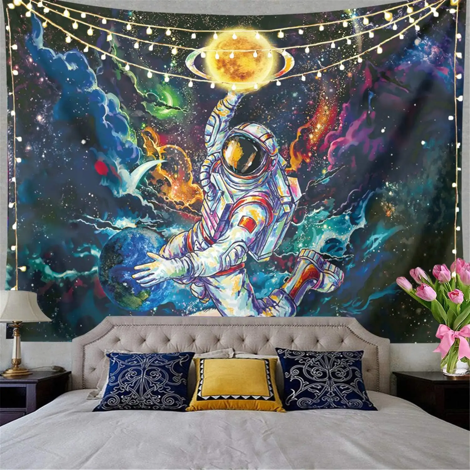 

Trippy гобелен "Космонавт" Гобелены с черным светом для колледжа, классный космический человек на планетах Вселенной фантазии