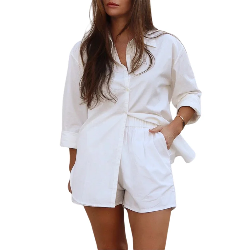 

Long Wear Tracksuit Women Shorts Set Solid Long Sleeve Shirt Tops And Loose Waisted Mini Shorts Two Piece Set 2022
