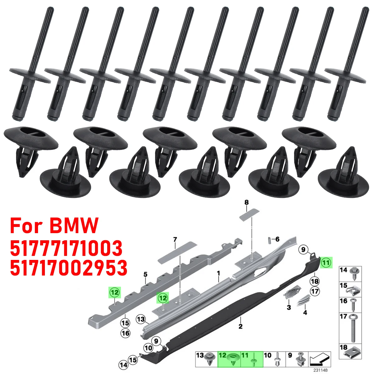 

20Pcs Car Bumper Clips Expansion Blind Rivets Door Side Sill Skirt Trim Rocker Molding Clip For BMW X1 X3 X5 X6 Mini 51777171003