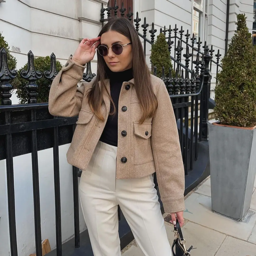 

JUNWU Spring Autumn Women Three-Color Lapel Single-Breasted Short Long-Sleeved Pocket Design Jacket Coat Casual Street Style