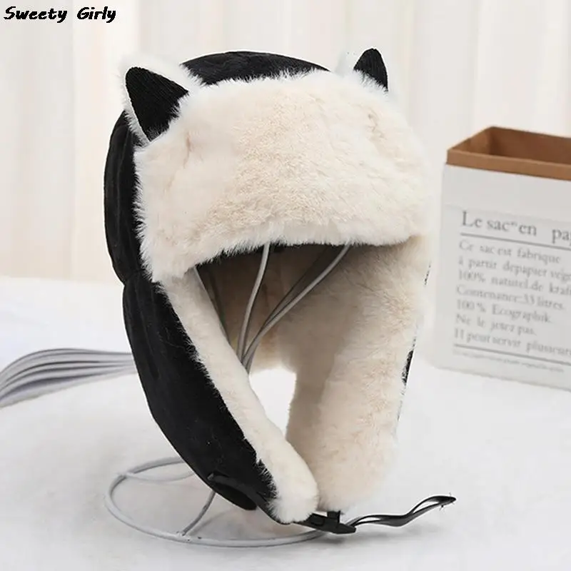 

2022 Autumn And Winter New Cat Ears Lei Feng Hat Female Korean Cute Windproof Hat Baby Cold And Warm Ear Protection Cotton Hat