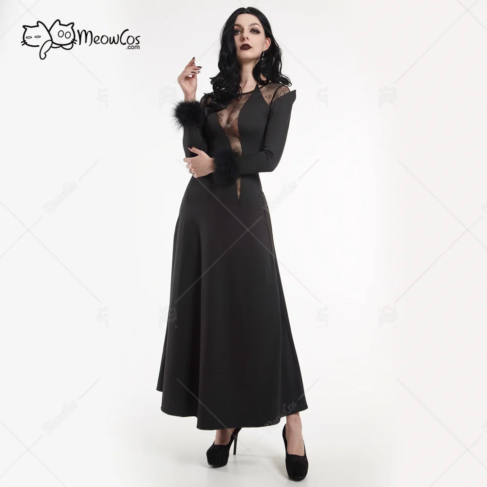 

Women Gothic Dress Crow Style Mesh Lace Hollow Long Slim Dress