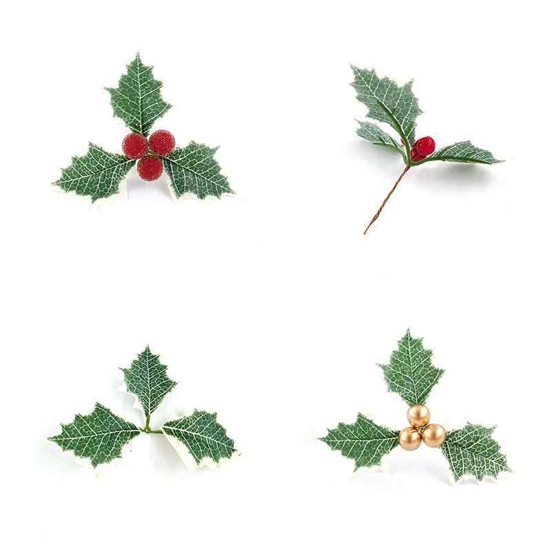 

5-50 шт., искусственные ягоды падуба с зелеными листьями