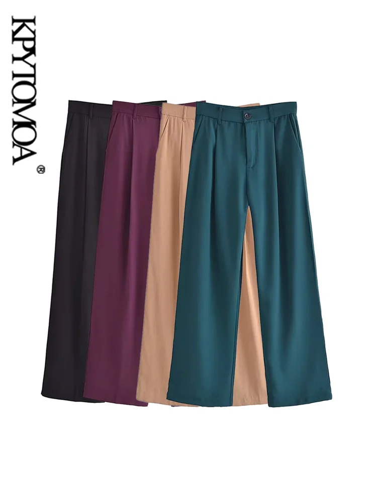 

KPYTOMOA Women Fashion Side Pockets Front Darts Straight Pants Vintage High Waist Zipper Fly Female Trousers Mujer