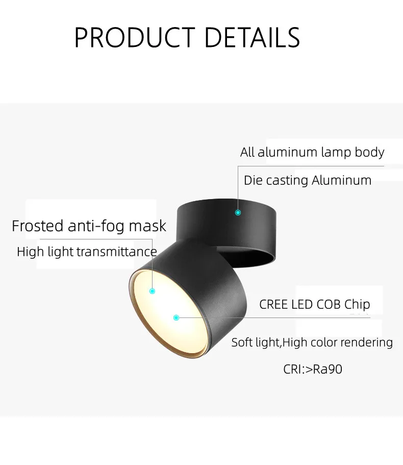 Продажа 2022 новый стиль, антибликовый Диммируемый светодиодный светильник с поверхностным креплением, вращающийся вниз светильник 20W15W10W7W Epistar, точе...