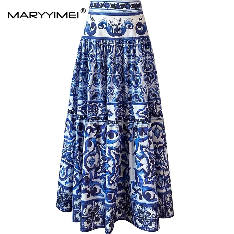 

MARYYIMEI Fashion New Summer Women's Blue and white porcelain Print Casual High quality Cotton Skirt
