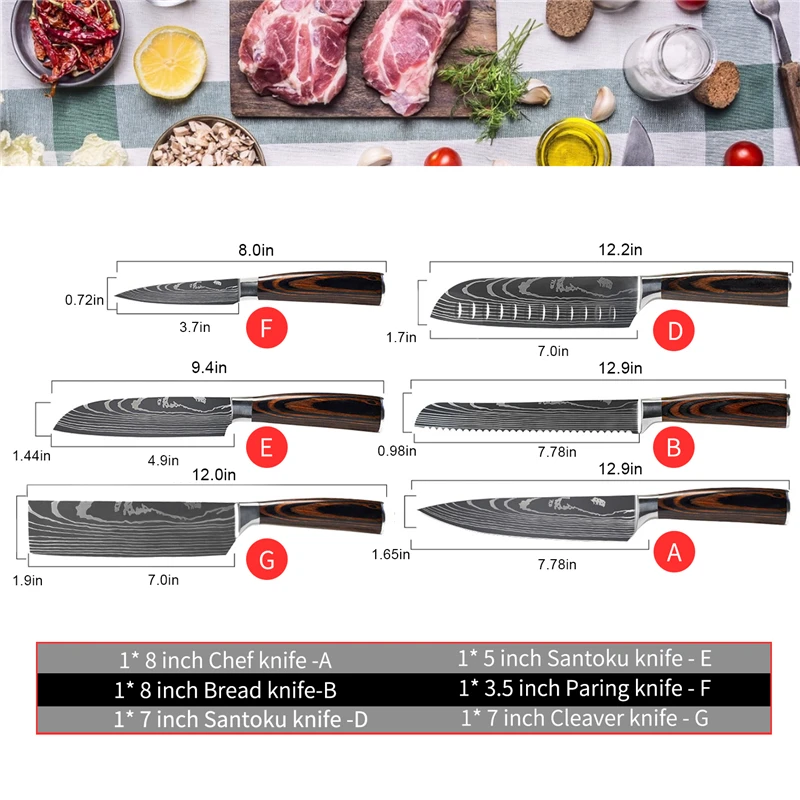 6PCS Chef Knife Stainless Steel Laser Damascus Pattern Knives Kitchen Sharp Santoku Sushi Cleaver Slicing Utility Tools - купить по