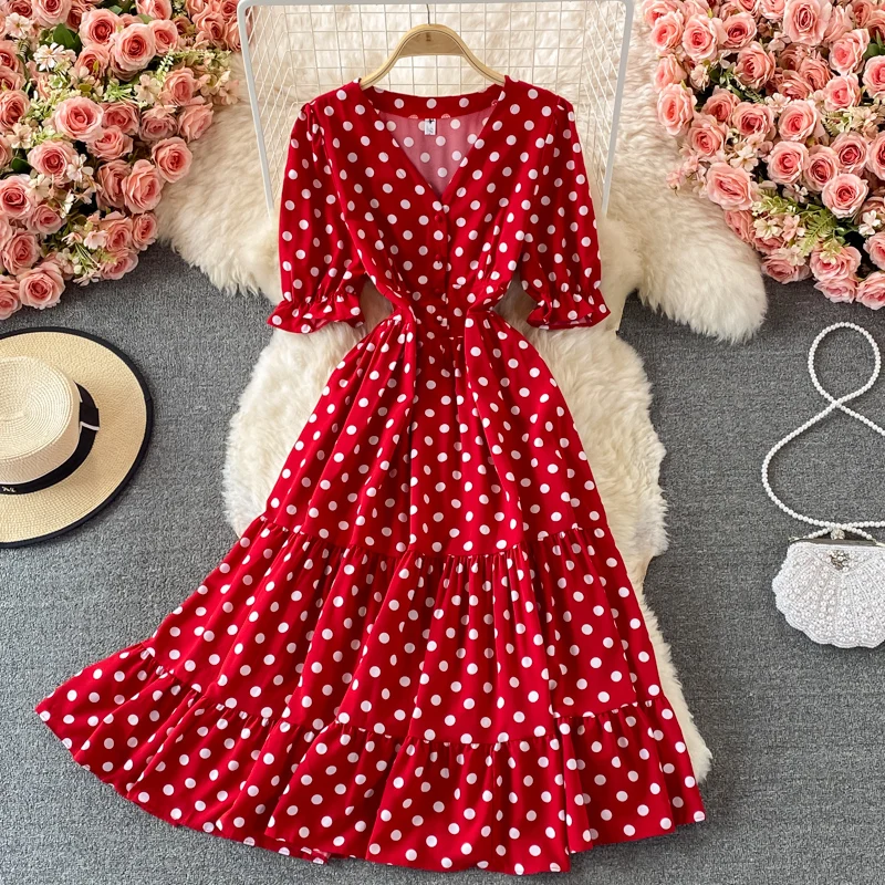 

Vintage French V Neck Polka Dot Print long Dress Summer Party Vestido De Festa Robe Ete Women Elegant Beach Tunic Vestidos