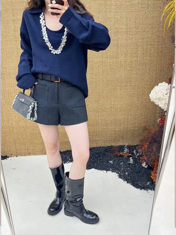 Miu Series Sweater ~ Design French sle Heavy Industry Beads Idle Sle Deep V-neck Knitted Outerwear + Vest Two-piece...