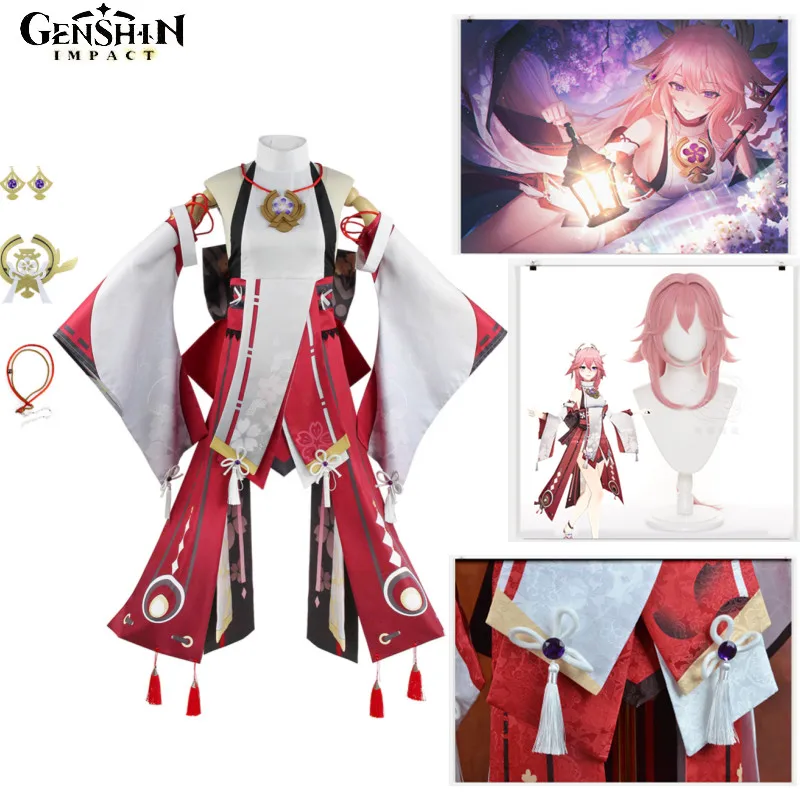 

Genshin Impact Yae Miko Guuji Yae Cosplay Costume Kawaii Cos Wigs Halloween Shoes for Games Uniform Dress Suits