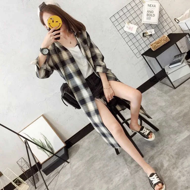 

Женская рубашка в клетку, с длинным рукавом и отложным воротником