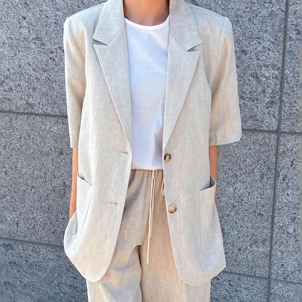 

Women Outerwear Chic Summer Blazers for Women Loose-fit Lapel Coats with Big Pockets Half Sleeves Solid Colors for Outwear Women