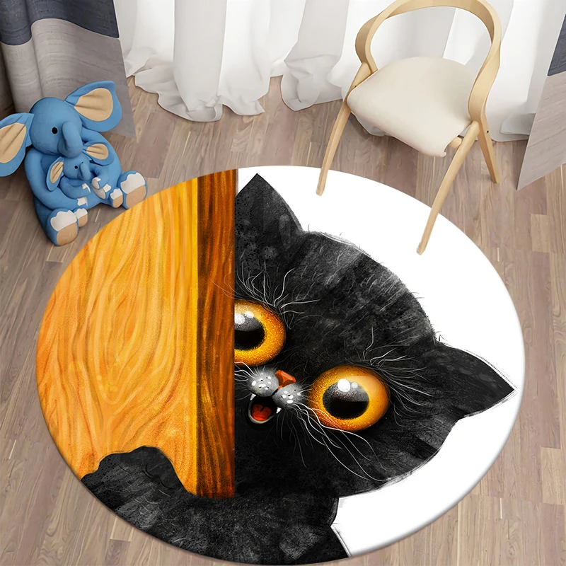 Black Cat Kawaii Printed Round Carpet Children's Living Room Mat Floor Mat Yoga Mat Bedroom Chair Non Slip Mat New Year Gift