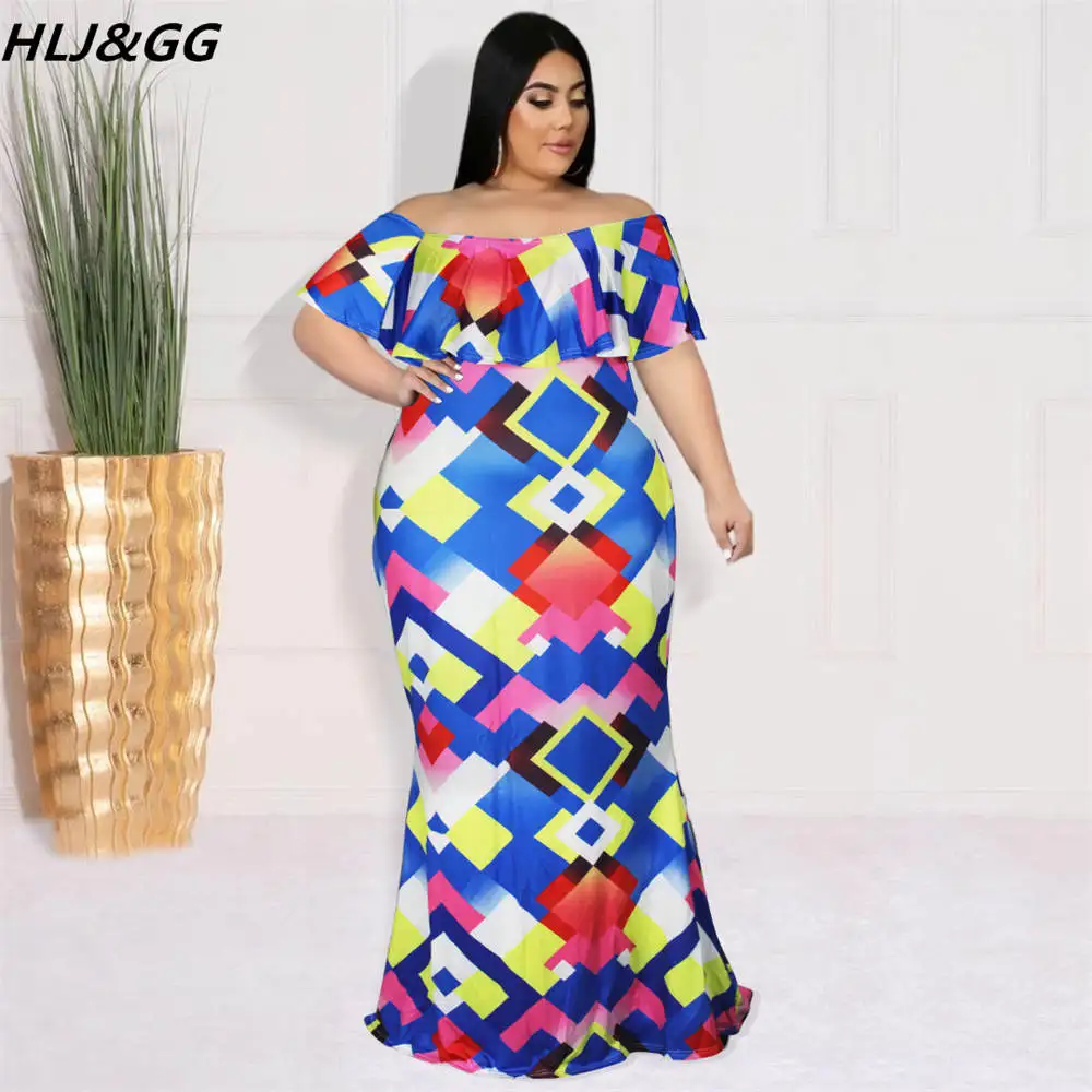 

HLJ&GG Elegant Ruffles Off Shoulder Dresses Women Plus Size Short Sleeve Floor Dress Fashion Color Print Slim Party Vestidos 4XL