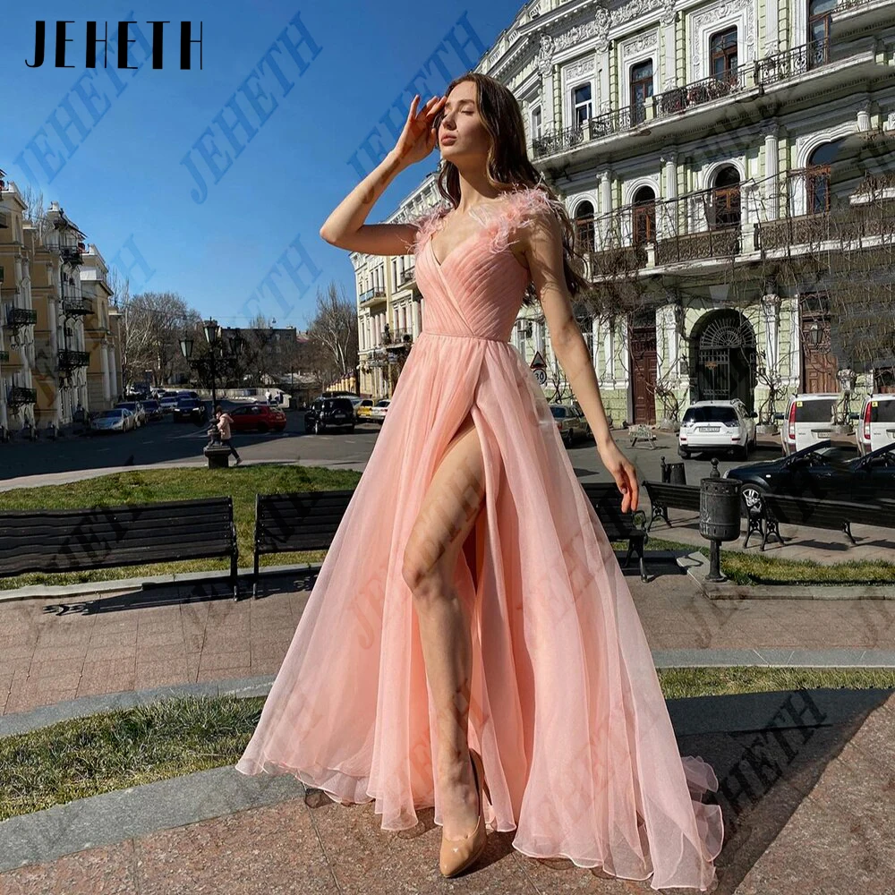 

JEHETH Pink Modern Evening Dresses For Girl Spaghetti Straps Side Split Prom Dress vestido de fiesta elegantes para mujer 2023