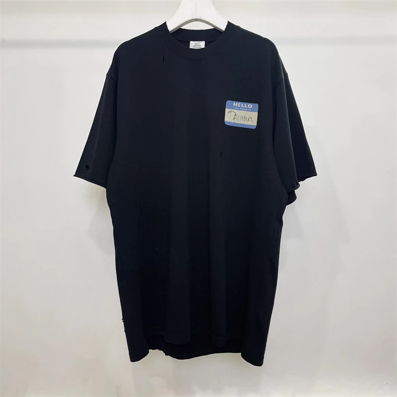 

Oversized Black Vetements T-Shirt Do Old HELLO Damaged Design Heavy Fabric Washed No Tags Men Women VTM Top Tees