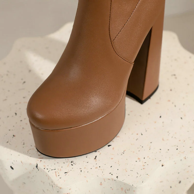 2022 Women Knee High Boots Platform Square High Heel Ladies Calf Boots Faux Leather Round Toe Side Zipper Women's Boots Big Size