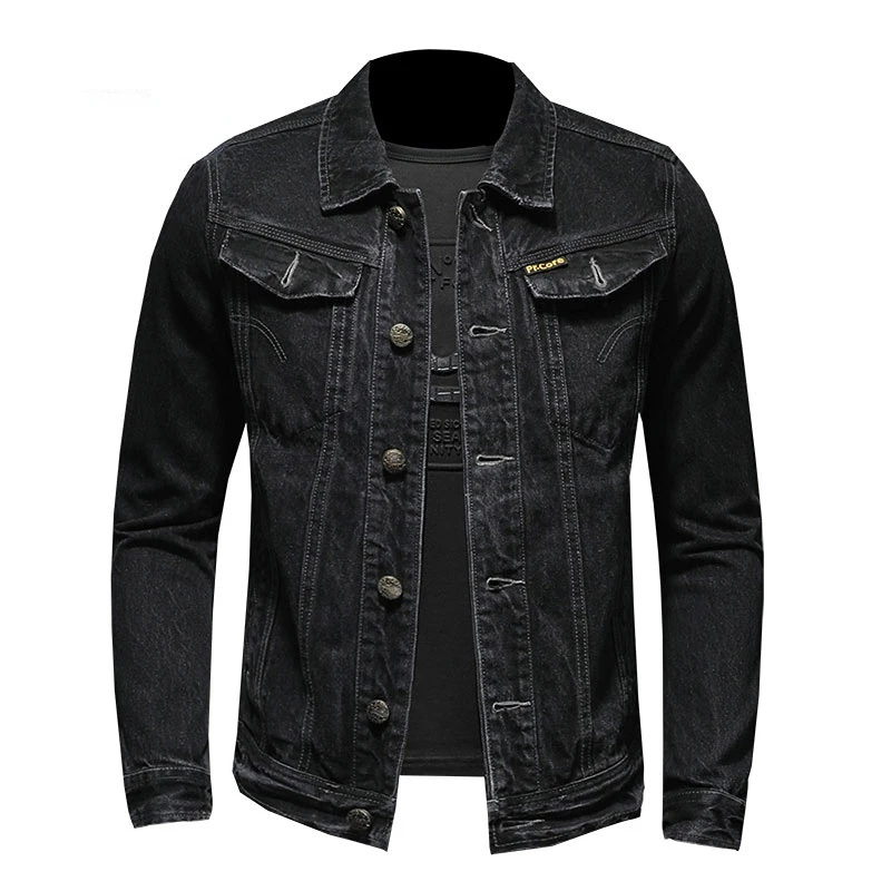 

Куртка-бомбер мужская джинсовая в Европейском стиле, приталенная мотоциклетная Повседневная Верхняя одежда с отложным воротником, Черная
