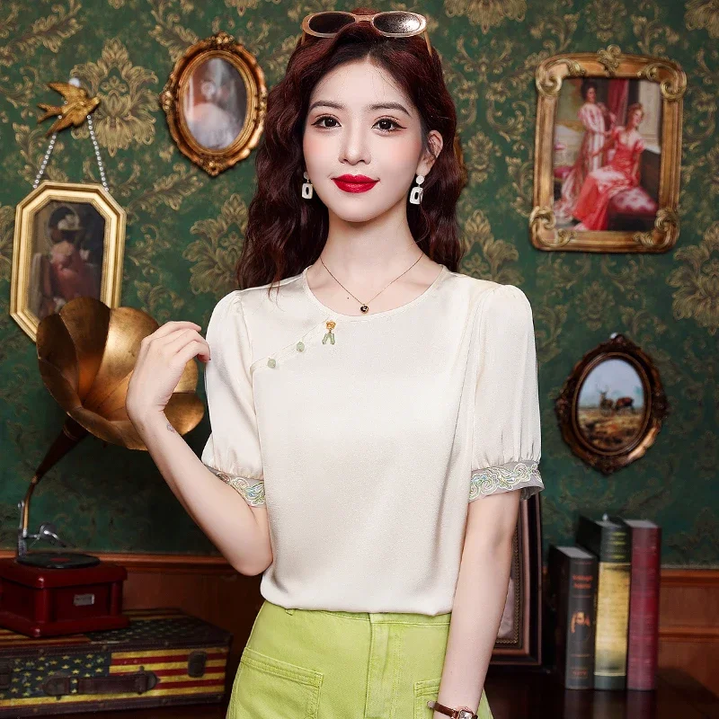 Женская шифоновая блузка с коротким рукавом и круглым вырезом