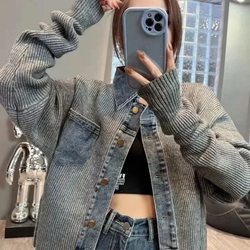 

2023 Autumn/Winter New Gentle and Lazy Knitted Cardigan Design with Unique Denim Splice Short Sweater Coat for Women