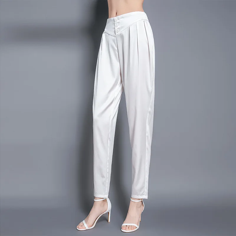 Women's Loose Mulberry Silk Pants 2022 New Thin Casual Harem Pants Women Clothes Summer Korean Office Lady Silk Trousers Zm2789