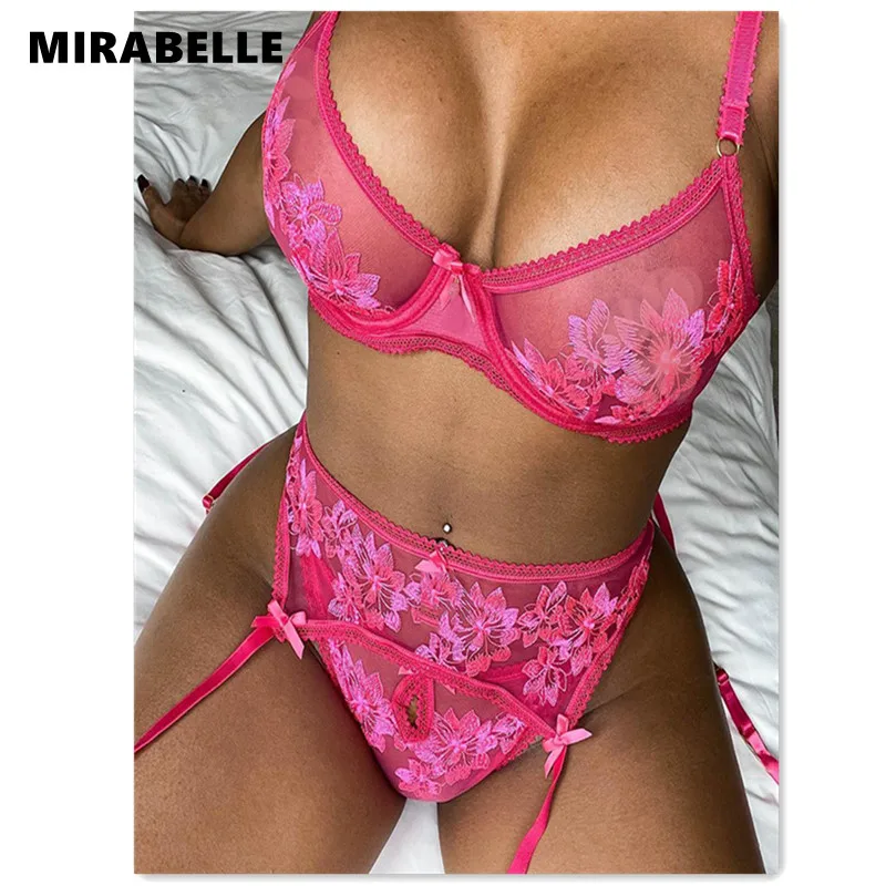 

MIRABELLE Fancy Lingerie Sexy Transparent Lace Erotic Sets 3-Piece Underwire Bra and Panty Sets with Garters Exotic Costumes