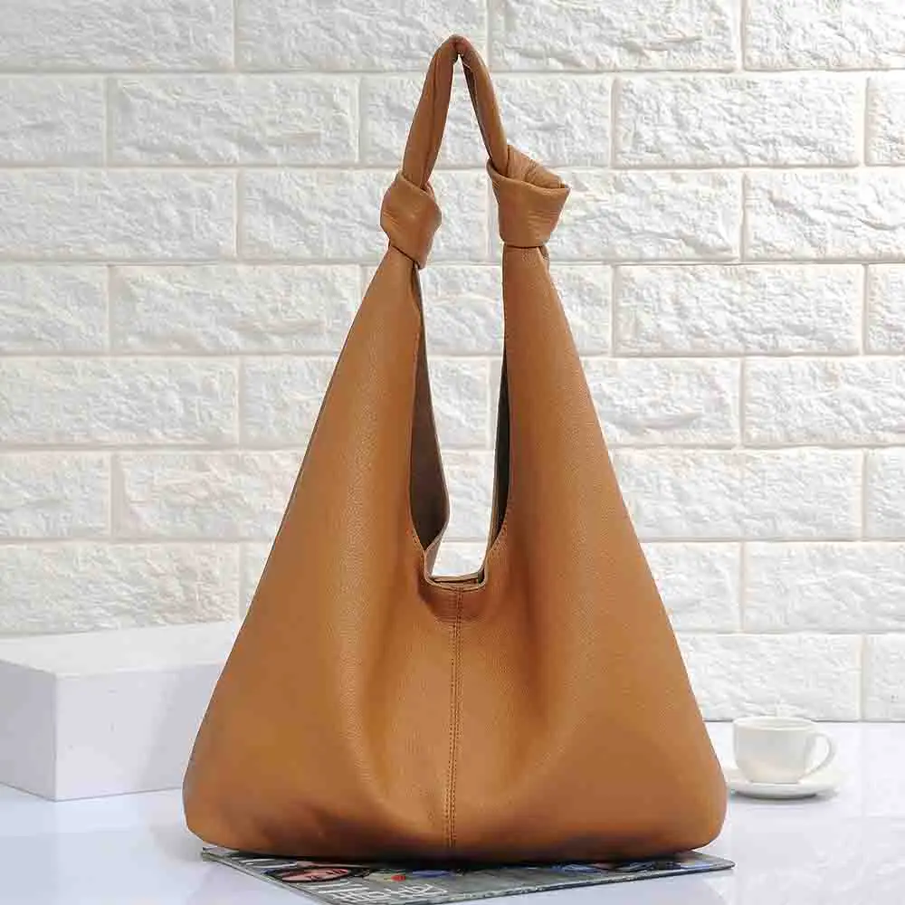 

MS Minimalism Soft Thick Real Leather Tote Bag for Women Knot Handle Luxury Cowhide Ladies Shoulder Hobos Handbag New In 2023