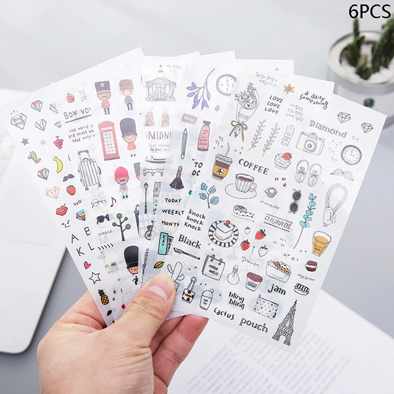 

6 Sheets Fresh Watercolor Cartoon Stickers Pvc Travel Diary DIY Journal Photo Scrapbook Decoration Stickers Stationery