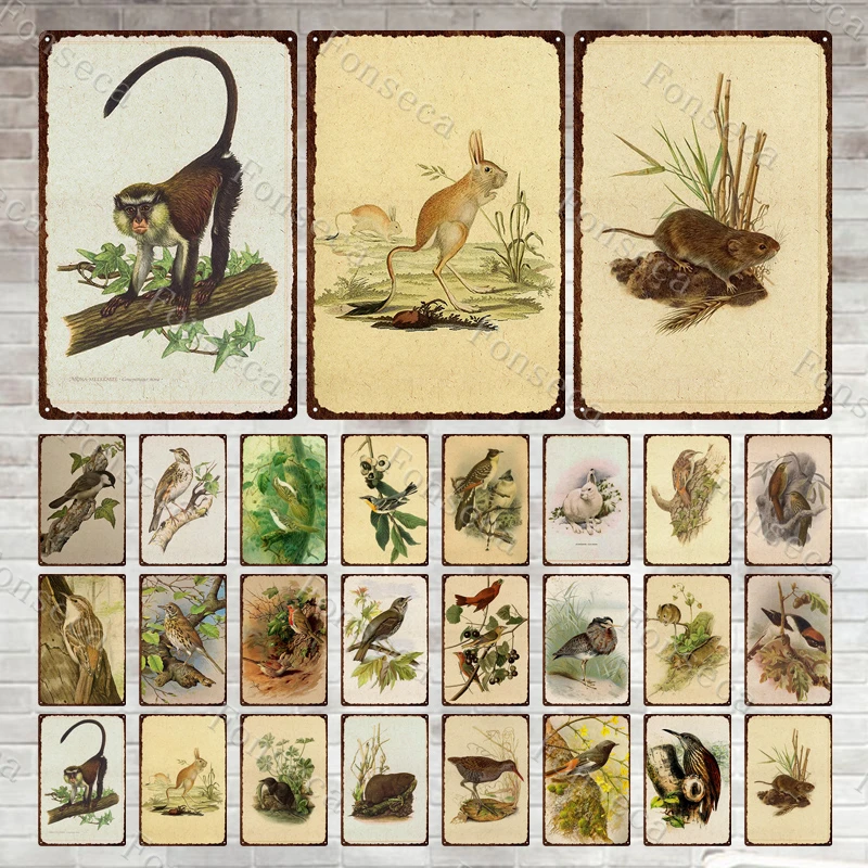 

Винтажные животные, растения, металлические знаки, кролики, птицы, ретро Оловянная пластина, ферма, сад, украшение для дома, настенное искусство, железная живопись, металлический постер