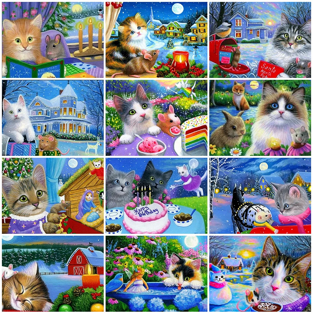 

5d Diy Diamond Painting Cute Cat Full Diamond Embroidery Set Animal Mosaic Cross Stitch Full Size Wall Decoration Gift Painting