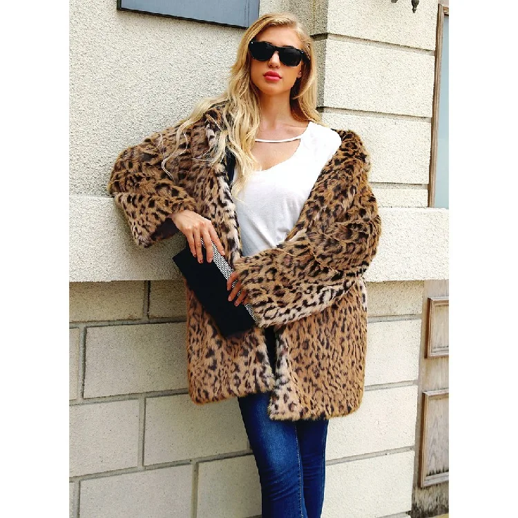 

Winter New Warm Imitation Fur Leopard Fur Hooded Coat Women's