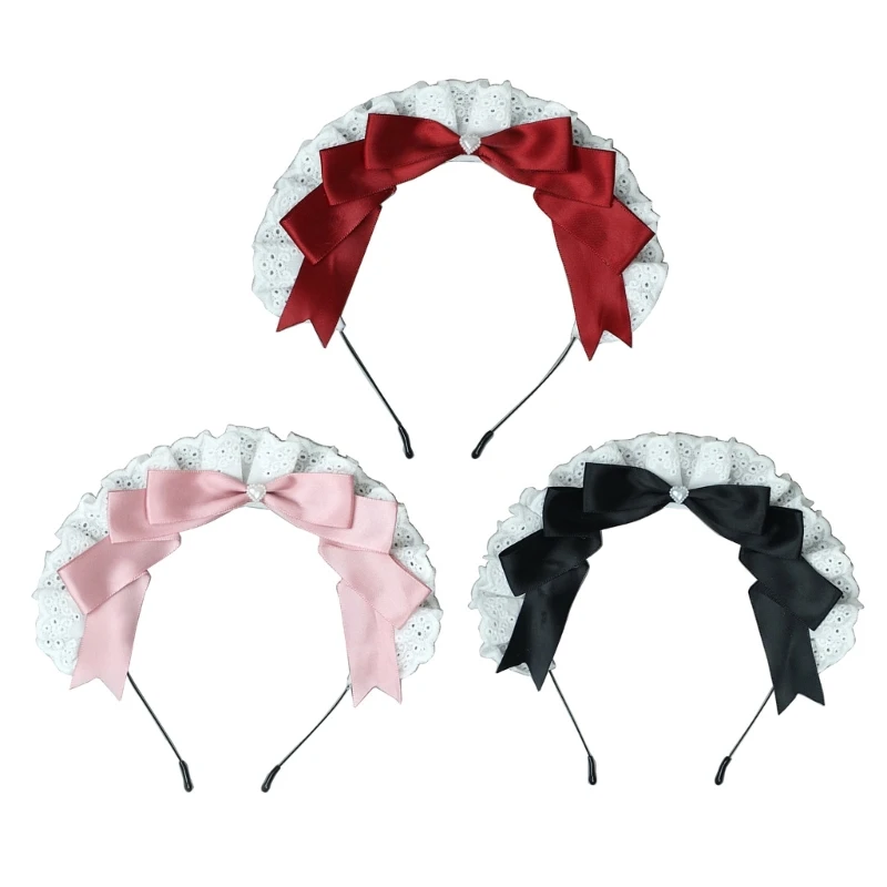

Y1UB Girls Ruffled Lace Headband French Bow with Ribbon Heart Maid Hair Hoop