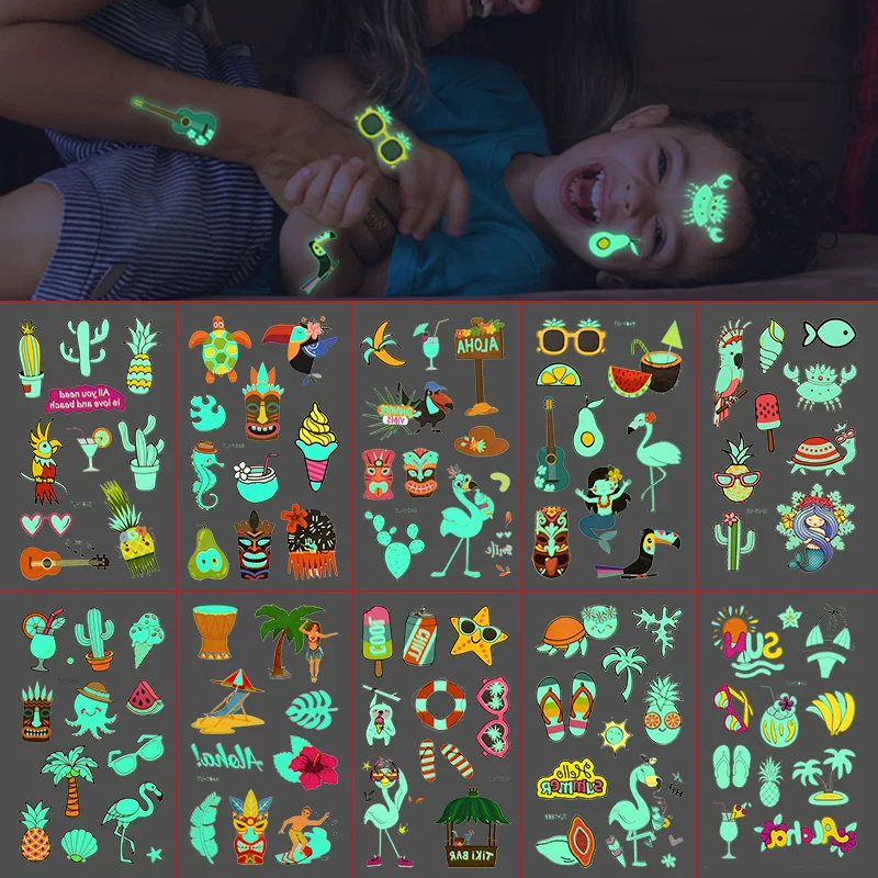 Светящиеся Гавайские тату-наклейки, 10 шт., тропический фламинго, Пляжная наклейка, яркие украшения для дня рождения