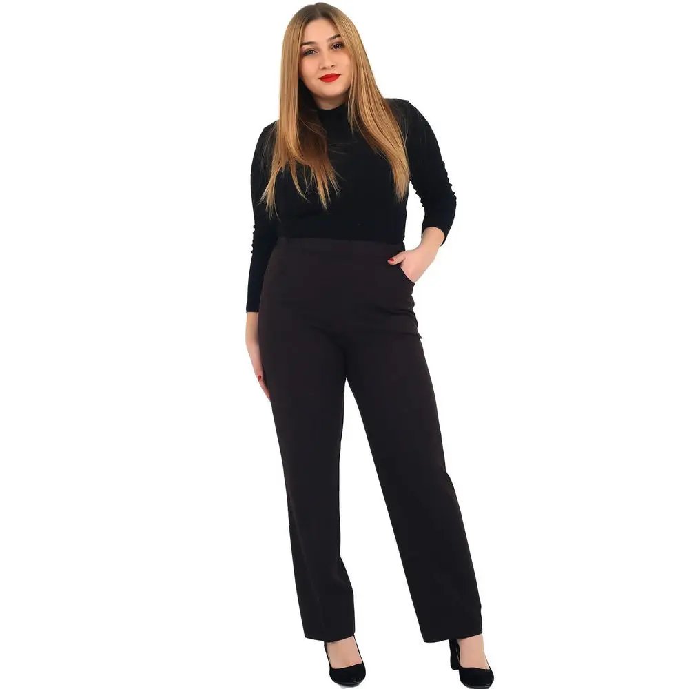 Fvido women large size trousers CcHisar fabric high elastic waist flat leg pocket black brown navy blue mink