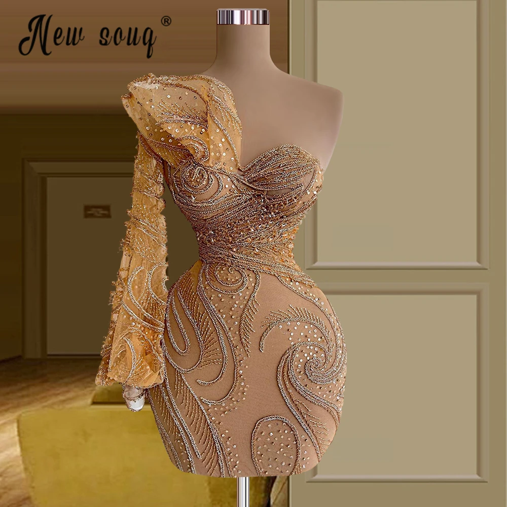 

Charming One Shoulder Prom Gowns 2022 Graduation Dress Beaded Lantern Sleeve Formal Gown Cut Out Mini Cocktail Homecoming Vestid