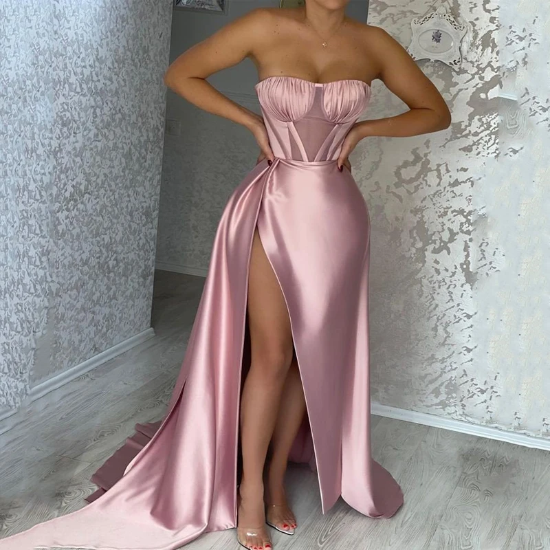 

Perspective Lace Satin Patchwork Gown Women Strapless MAXI Evening Party Dress Robe De Soiree High Split Dresses