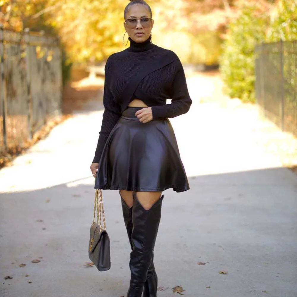 

Mini Skirt Fashion Skirt All-match Sexy Solid Color PU Leather A Swing Office Ladies Bottoms Summer 2022 Female Clothing