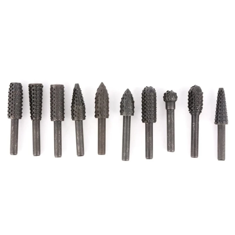 

10 Pieces Steel Rotary Rasp File Steel Rotary Burr Set Grinding Polishing Shaping 1/4'' 6mm Shank Wear-resistant