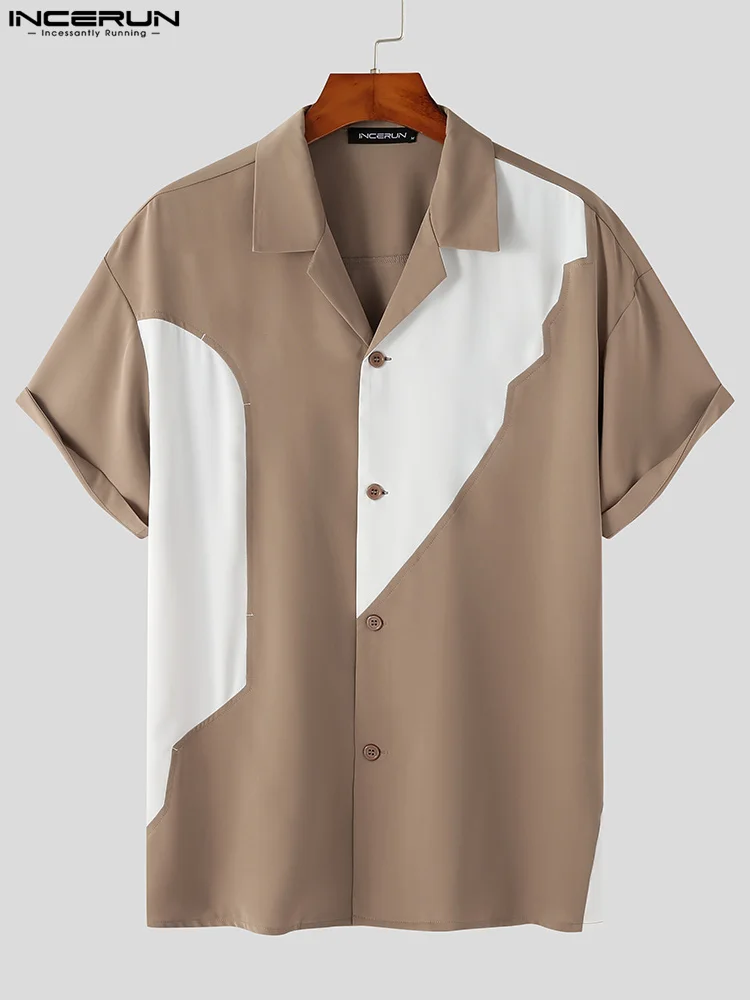 Fashion Casual Style Tops INCERUN Men Hot Sale Stitching Blouse Stylish Male Loose Comfortable Lapel Short-sleeved Shirts S-5XL
